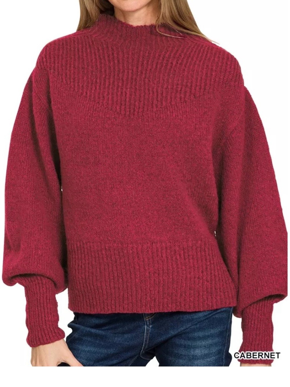Zenana Balloon Sleeve Mock Neck Sweater - Cabernet
